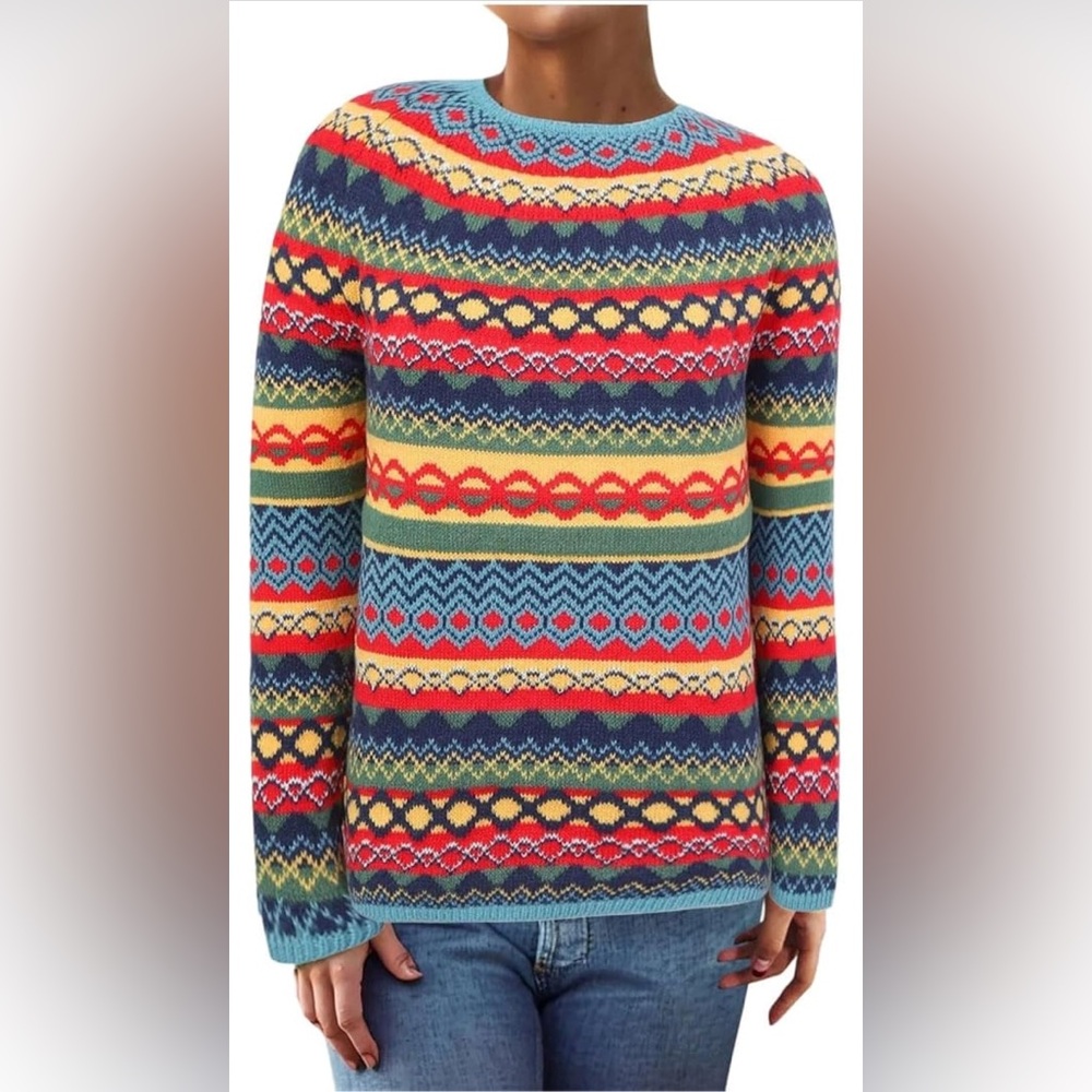 Vintage Fair Isle Pattern Crew Neck pullover knitted Womens Sweater Top XL
